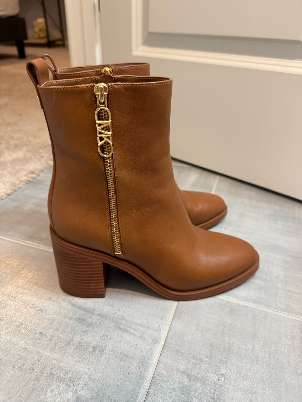 MICHAEL Michael Kors Cognac Leather Mid-Ankle Boots with Gold MK Zip